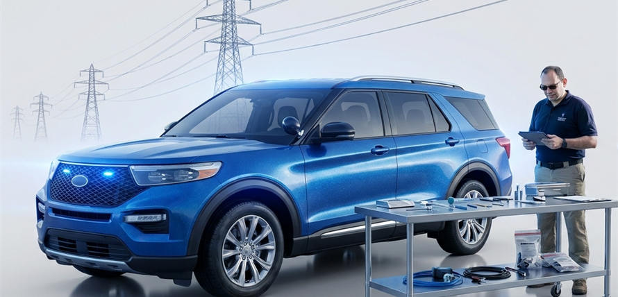 A blue SUV is parked next to a table with tools, while a man in a shirt checks a tablet.
