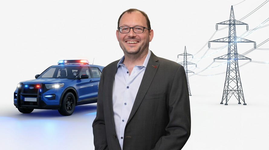A smiling man in a suit stands next to a blue police SUV with flashing lights, set against a background of power lines.