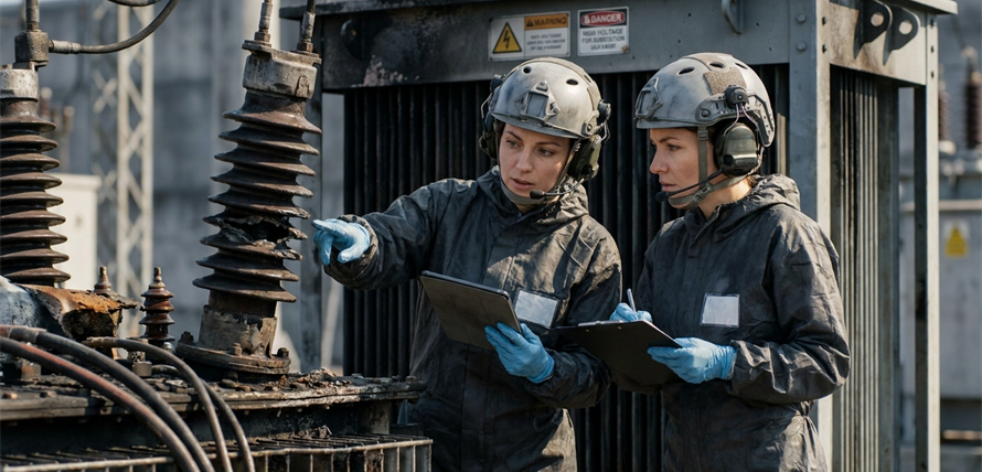 Two women in protective gear inspect electrical equipment at a power facility.