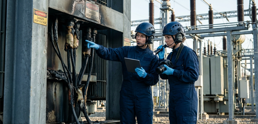 Two workers in safety gear inspect electrical equipment at a power station.
